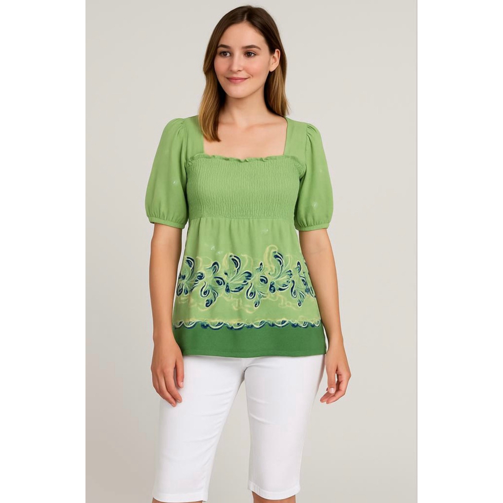 Faded Glory Womens Green Floral Top Sz Sm‎ Short Sleeve Smocked Babydoll Peasant